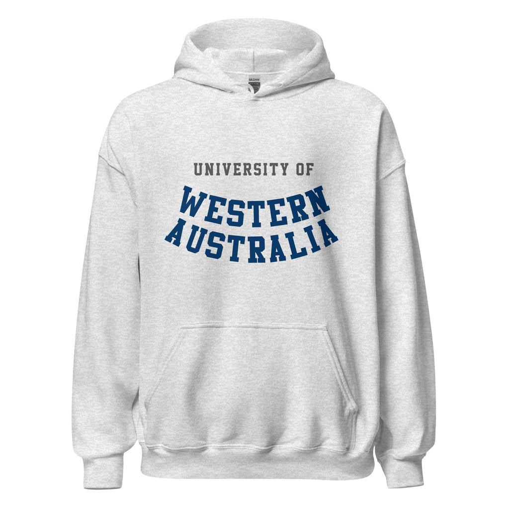 Unisex heather gray hoodie featuring University of Western Australia logo printed across the front chest
