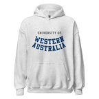 Unisex heather gray hoodie featuring University of Western Australia logo printed across the front chest