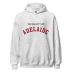 Unisex black hoodie featuring University of Adelaide logo printed across the front chest