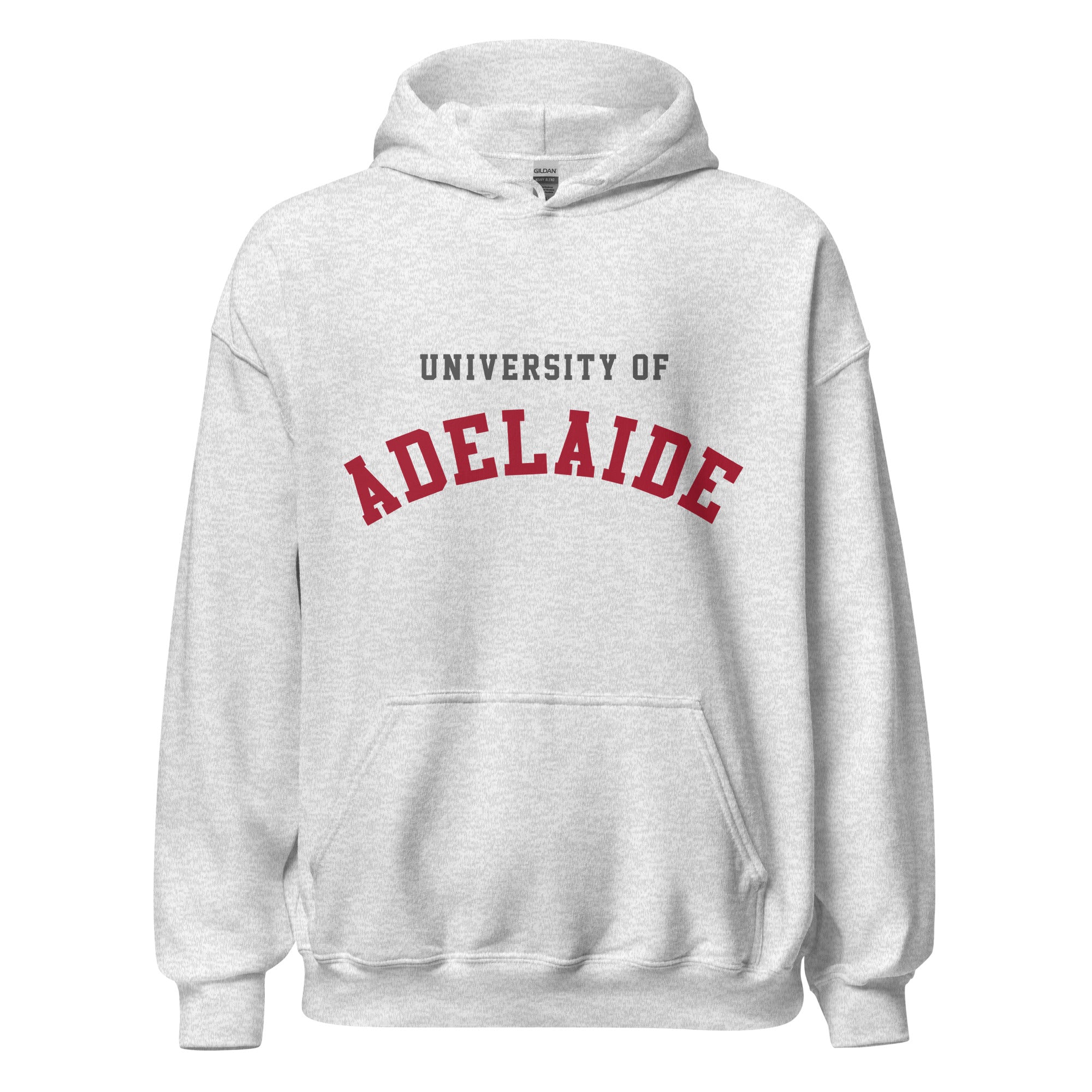 Unisex black hoodie featuring University of Adelaide logo printed across the front chest