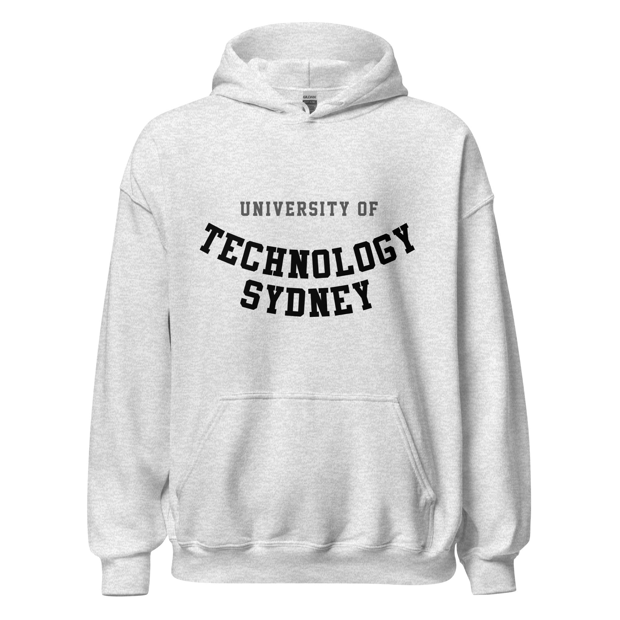 Unisex heather gray hoodie featuring University of Technology Sydney logo printed across the front chest