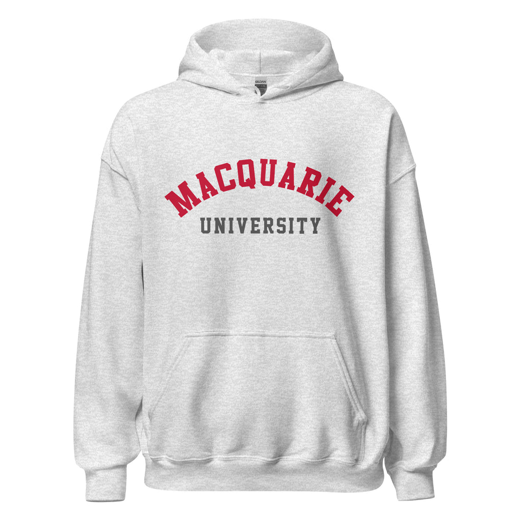 Unisex black hoodie featuring Macquarie University logo printed across the front chest
