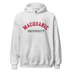 Unisex black hoodie featuring Macquarie University logo printed across the front chest