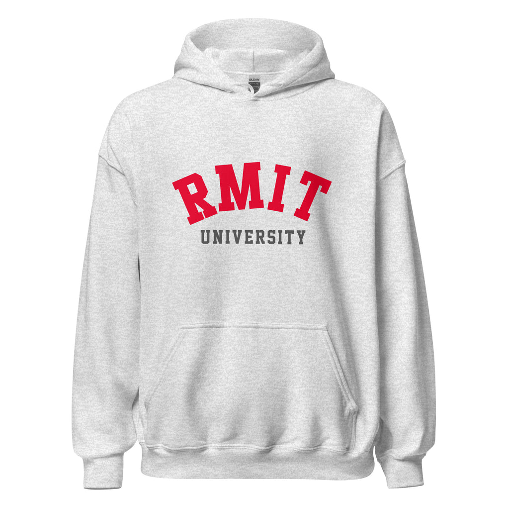 Unisex heather gray hoodie featuring RMIT University logo printed across the front chest