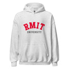 Unisex heather gray hoodie featuring RMIT University logo printed across the front chest