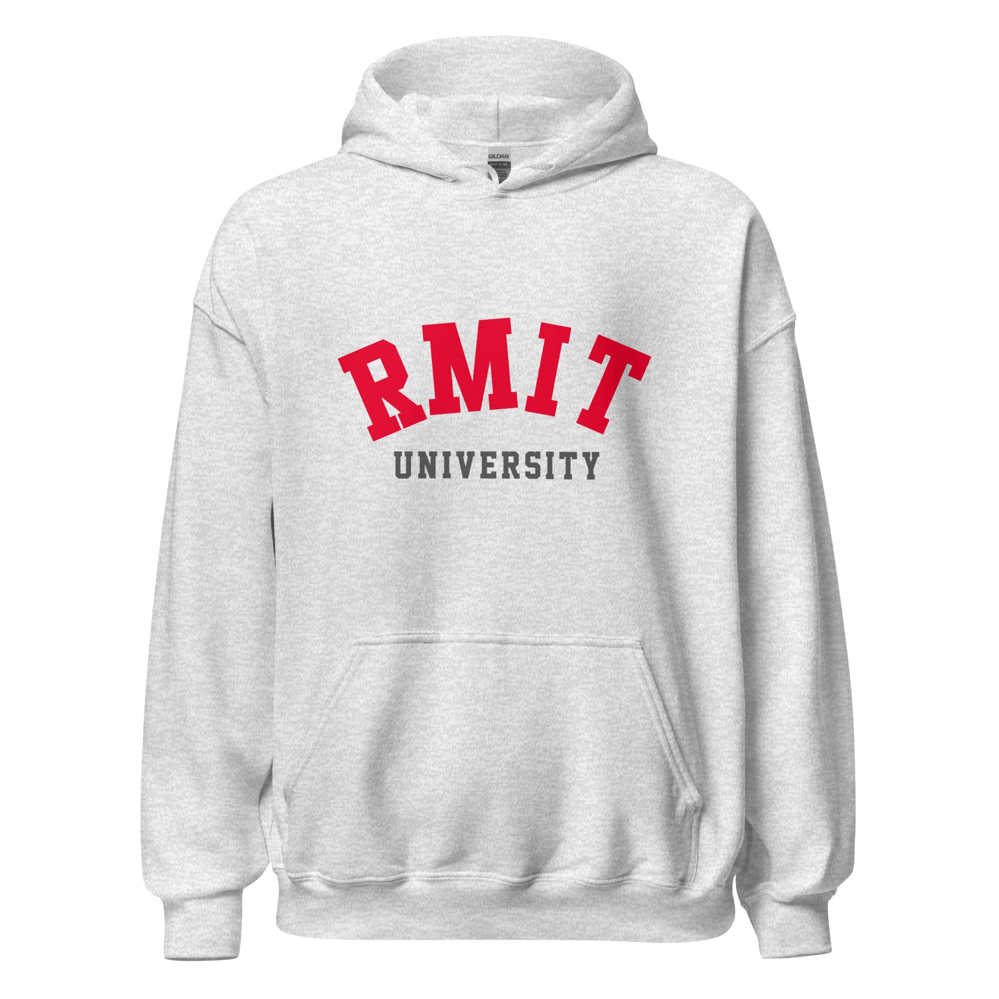 Unisex heather gray hoodie featuring RMIT University logo printed across the front chest