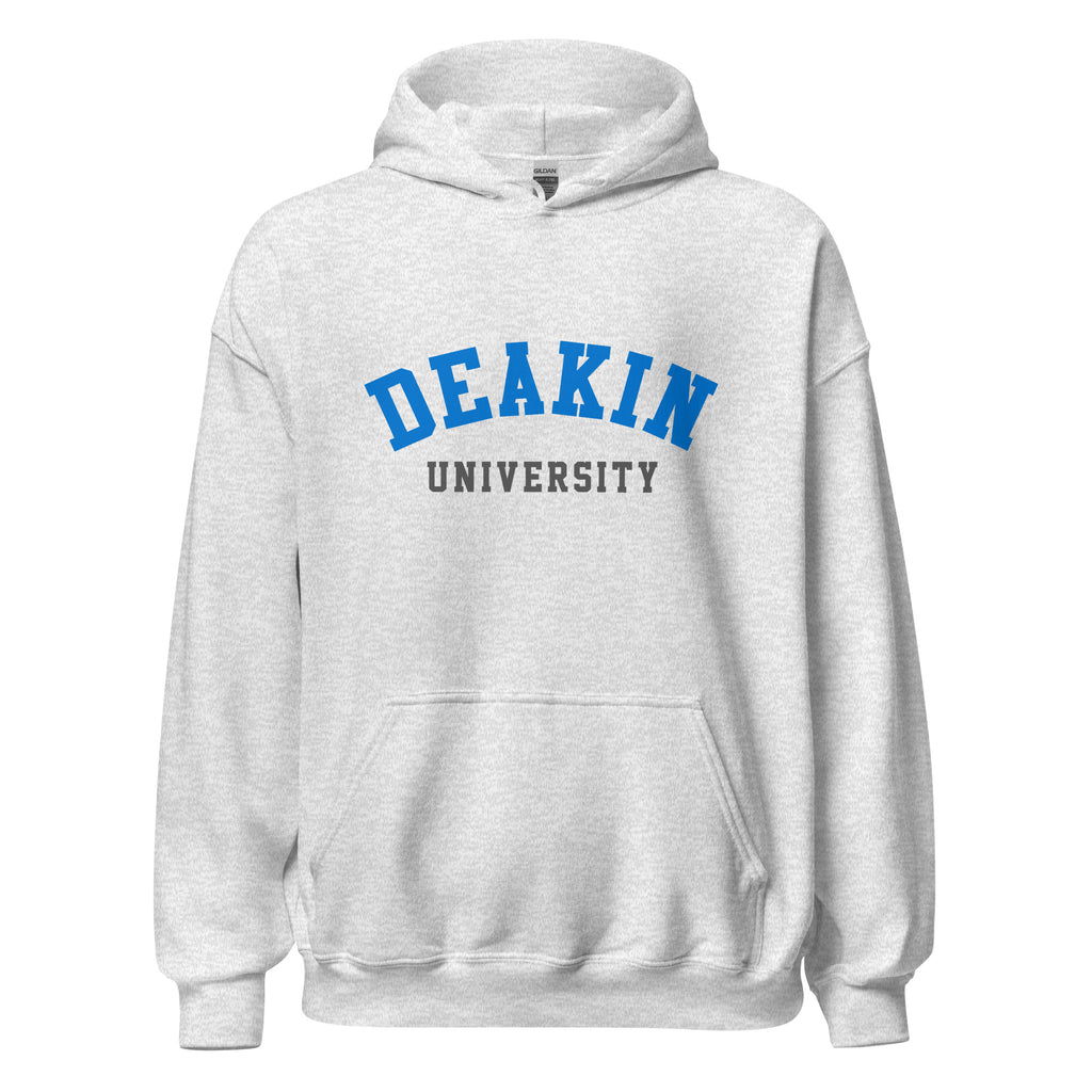 Unisex heather gray hoodie featuring Deakin University logo printed across the front chest