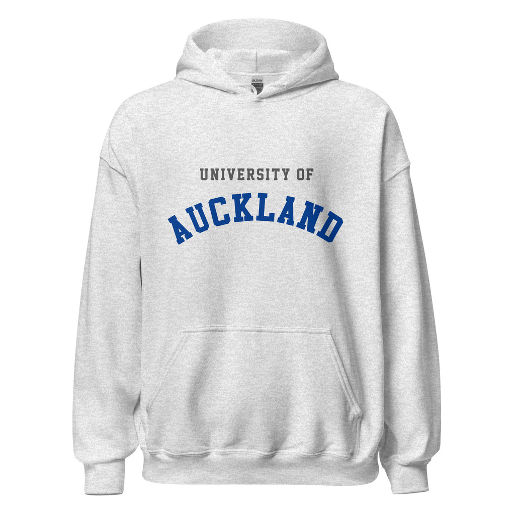 Unisex navy blue hoodie featuring University of Auckland logo printed across the front chest