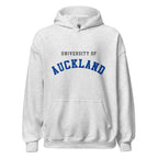 Unisex navy blue hoodie featuring University of Auckland logo printed across the front chest