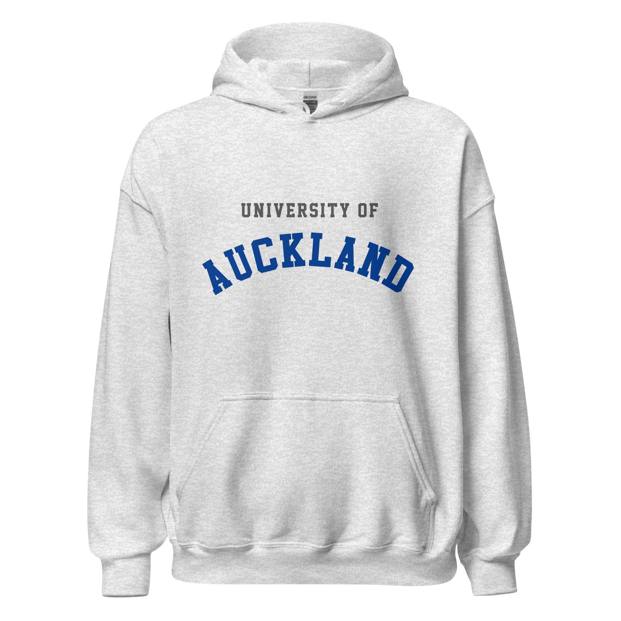 Unisex navy blue hoodie featuring University of Auckland logo printed across the front chest