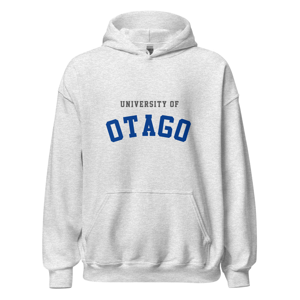 Unisex heather gray hoodie featuring University of Otago logo printed across the front chest