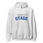 Unisex heather gray hoodie featuring University of Otago logo printed across the front chest