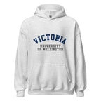 Unisex heather gray hoodie featuring Victoria University of Wellington logo printed across the front chest