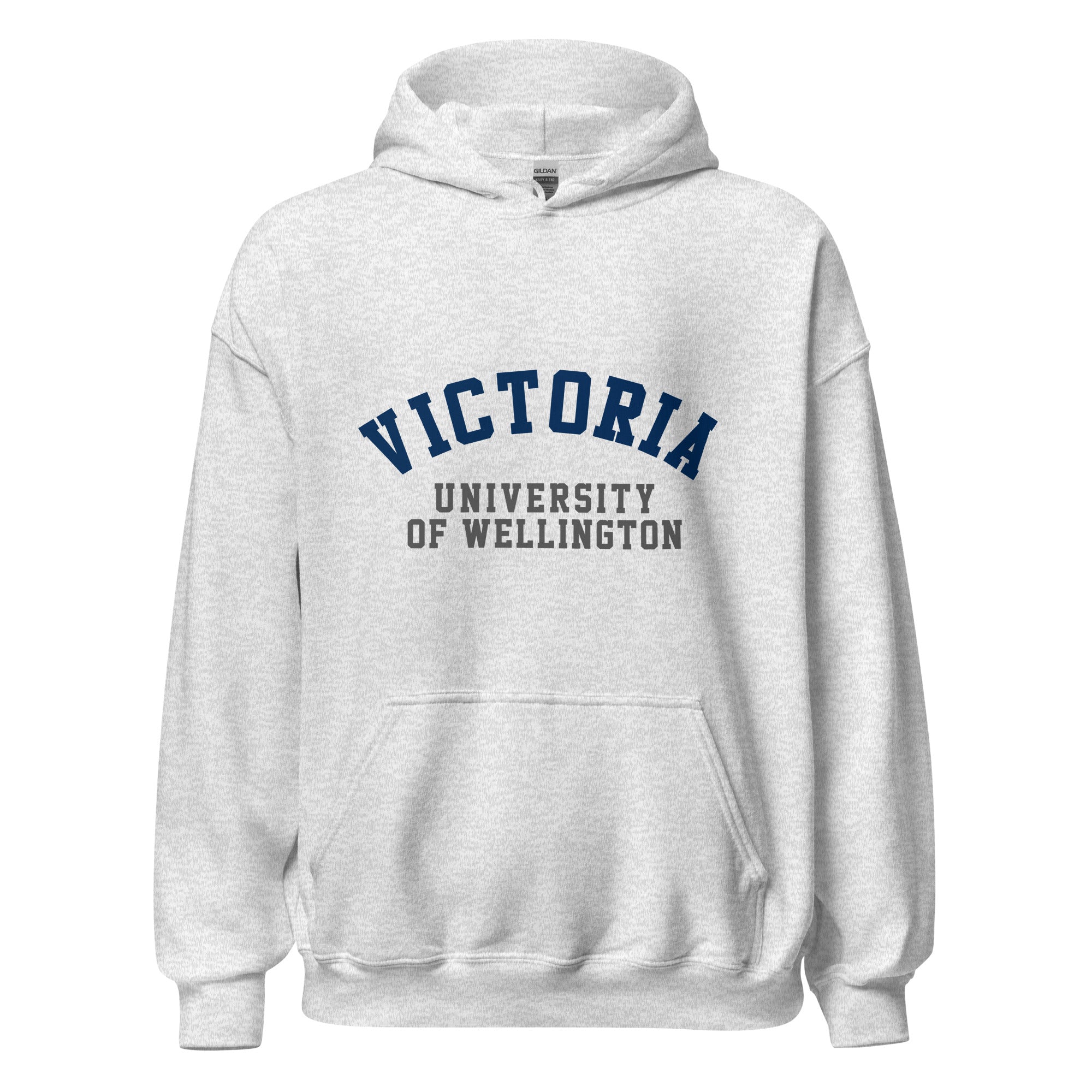 Unisex heather gray hoodie featuring Victoria University of Wellington logo printed across the front chest