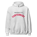 Unisex black hoodie featuring University of Canterbury logo printed across the front chest