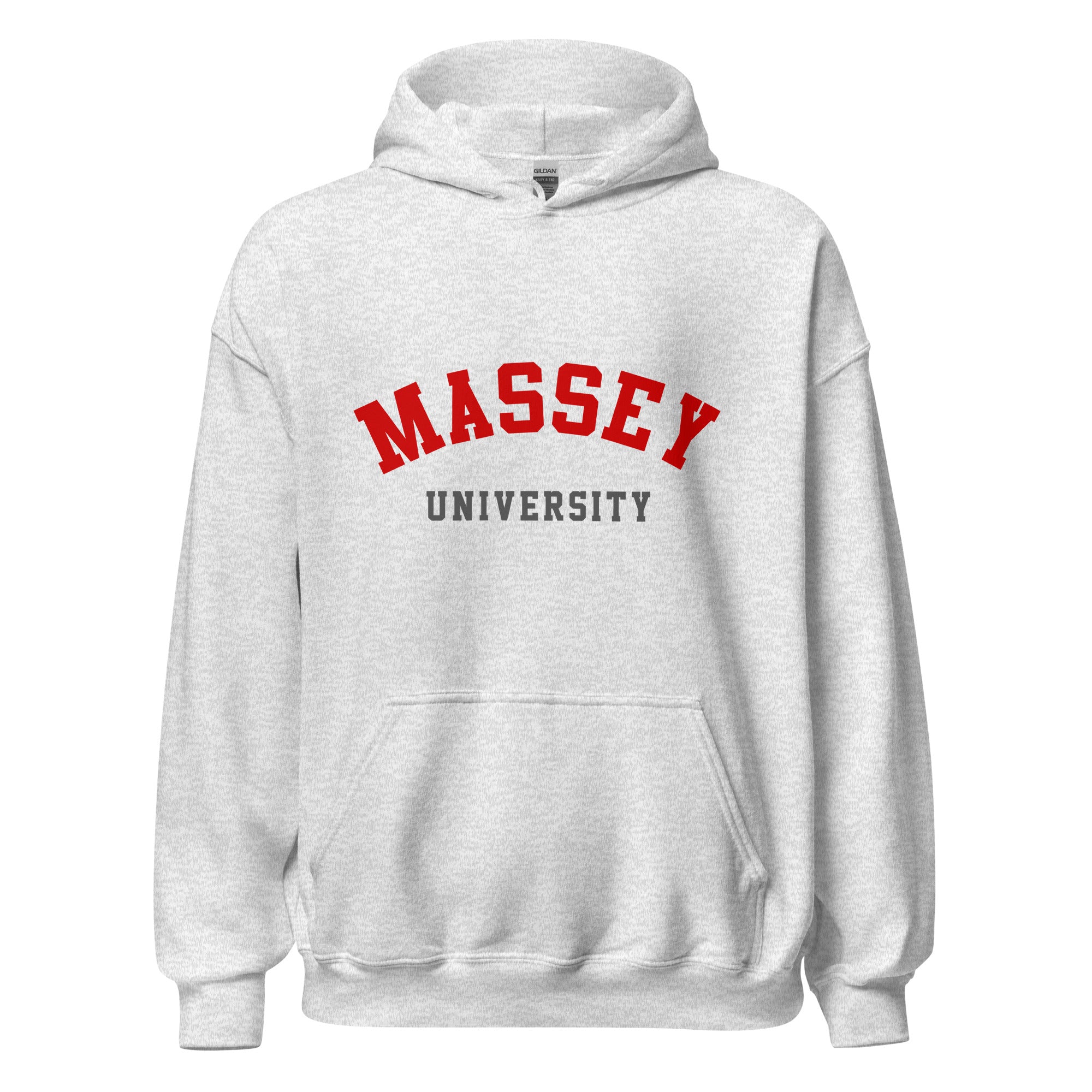 Unisex black hoodie featuring Massey University logo printed across the front chest