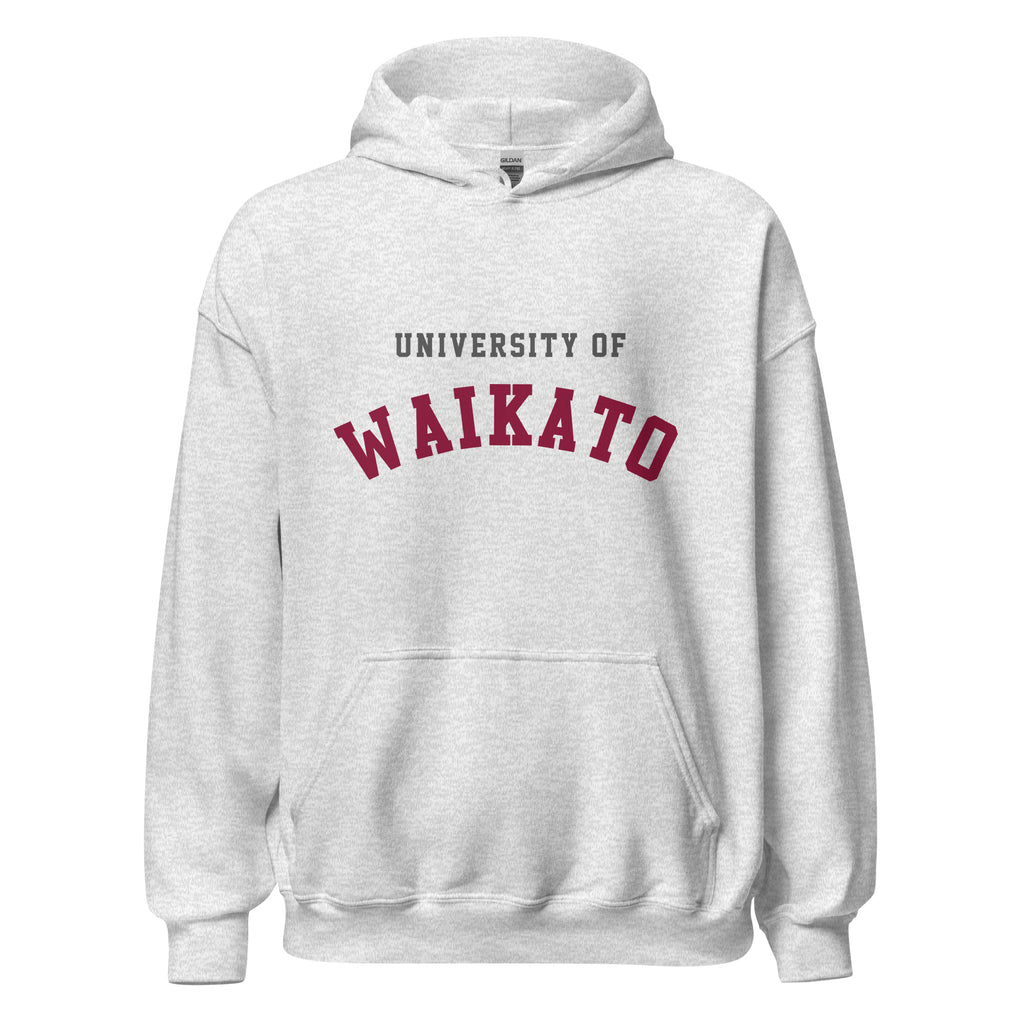 Unisex heather gray hoodie featuring University of Waikato logo printed across the front chest