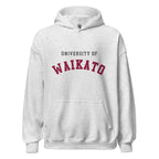 Unisex heather gray hoodie featuring University of Waikato logo printed across the front chest