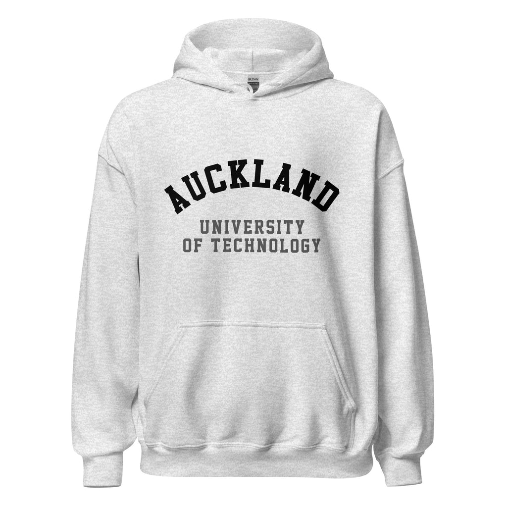 Unisex navy blue hoodie featuring Auckland University of Technology logo printed across the front chest