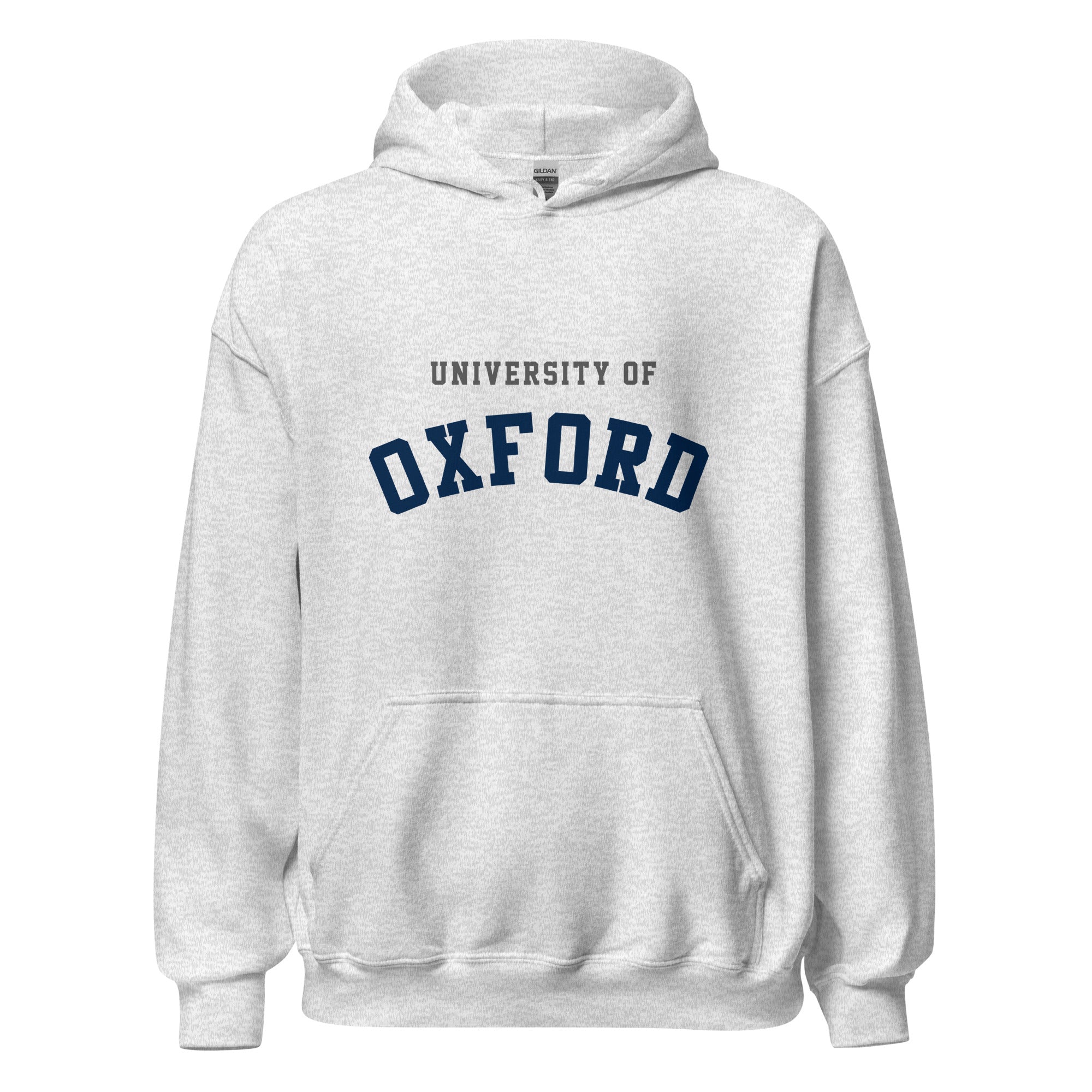 Unisex heather gray hoodie featuring University of Oxford logo printed across the front chest
