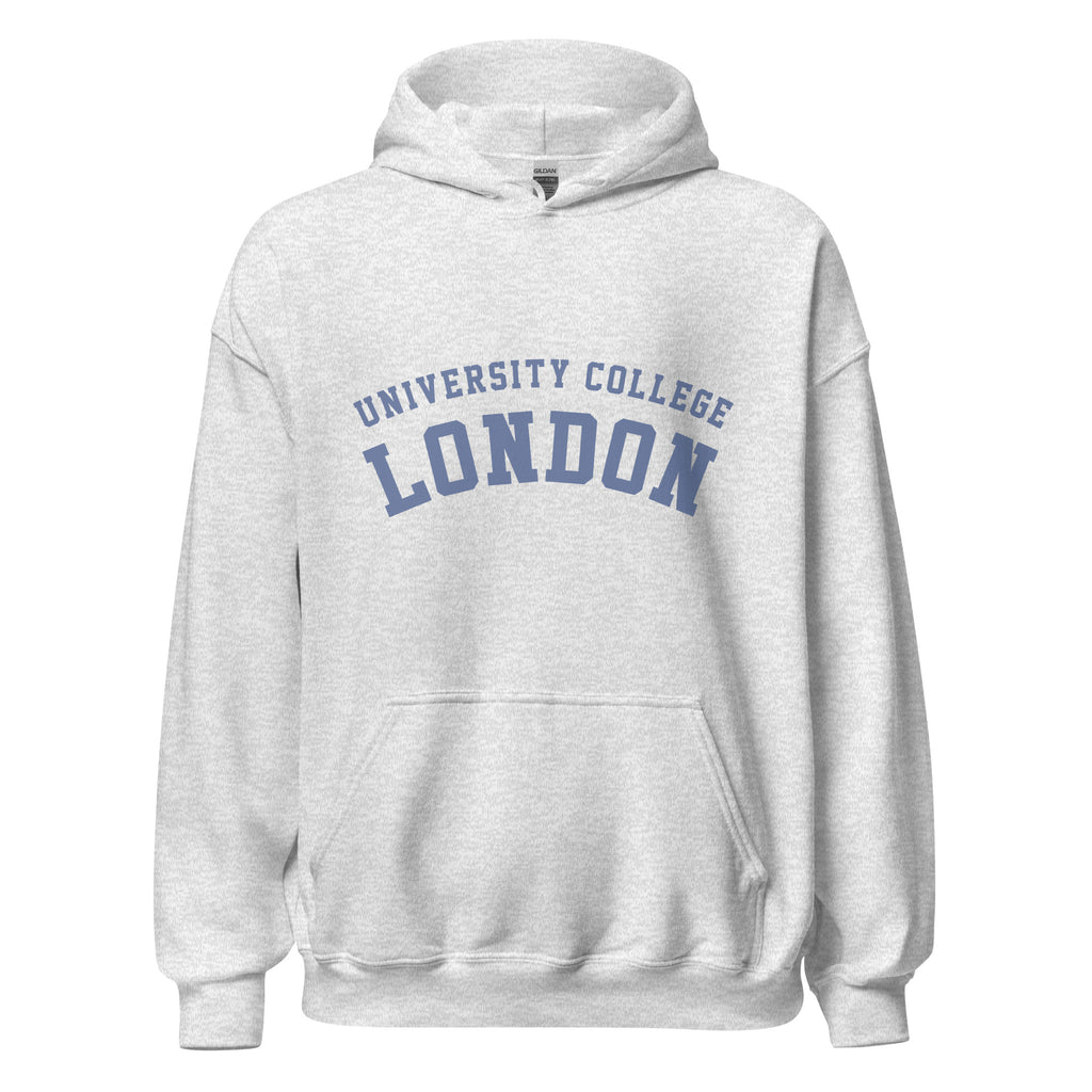 Unisex black hoodie featuring University College London logo printed across the front chest