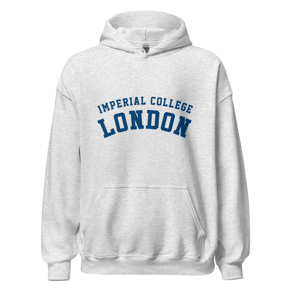 Unisex heather gray hoodie featuring Imperial College London logo printed across the front chest