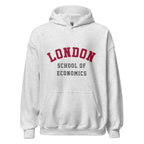 Unisex heather gray hoodie featuring London School of Economics logo printed across the front chest