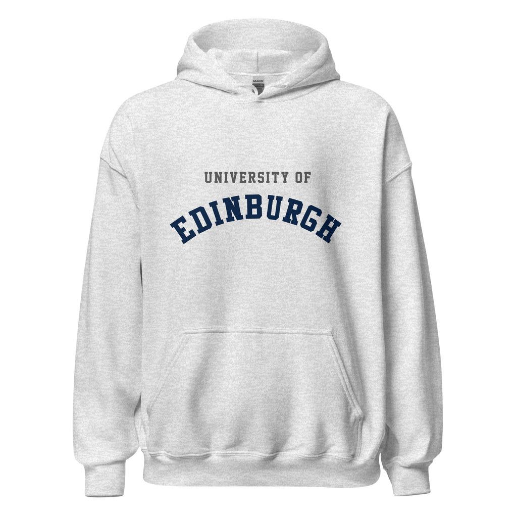 Unisex heather gray hoodie featuring University of Edinburgh logo printed across the front chest