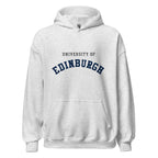 Unisex heather gray hoodie featuring University of Edinburgh logo printed across the front chest