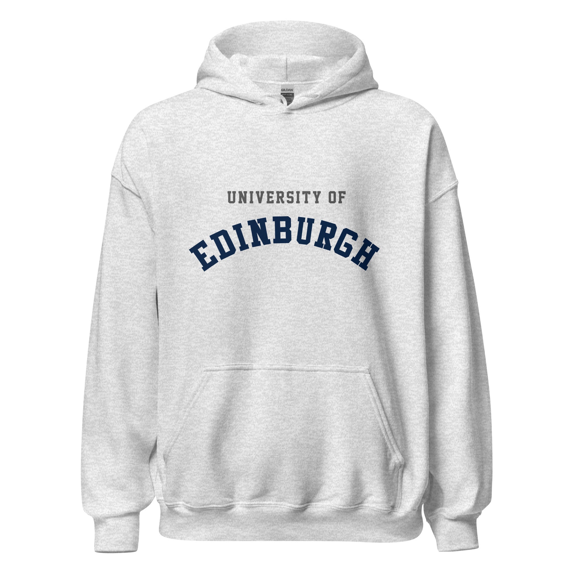 Unisex heather gray hoodie featuring University of Edinburgh logo printed across the front chest