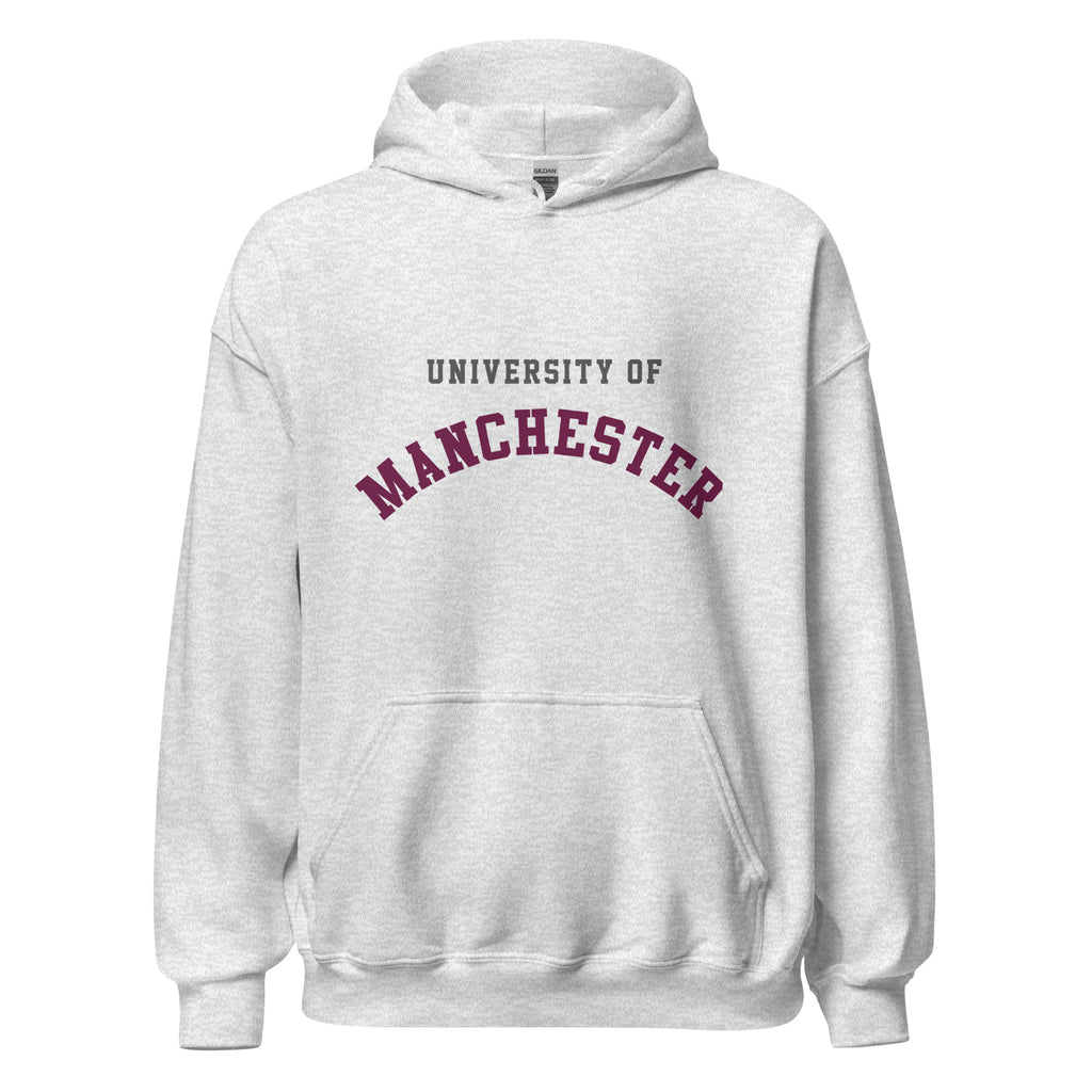 Unisex black hoodie featuring University of Manchester logo printed across the front chest