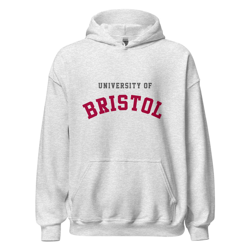 Unisex heather gray hoodie featuring University of Bristol logo printed across the front chest