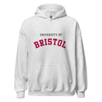 Unisex heather gray hoodie featuring University of Bristol logo printed across the front chest