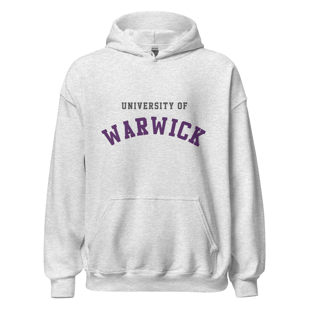Unisex heather gray hoodie featuring University of Warwick logo printed across the front chest