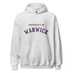 Unisex heather gray hoodie featuring University of Warwick logo printed across the front chest