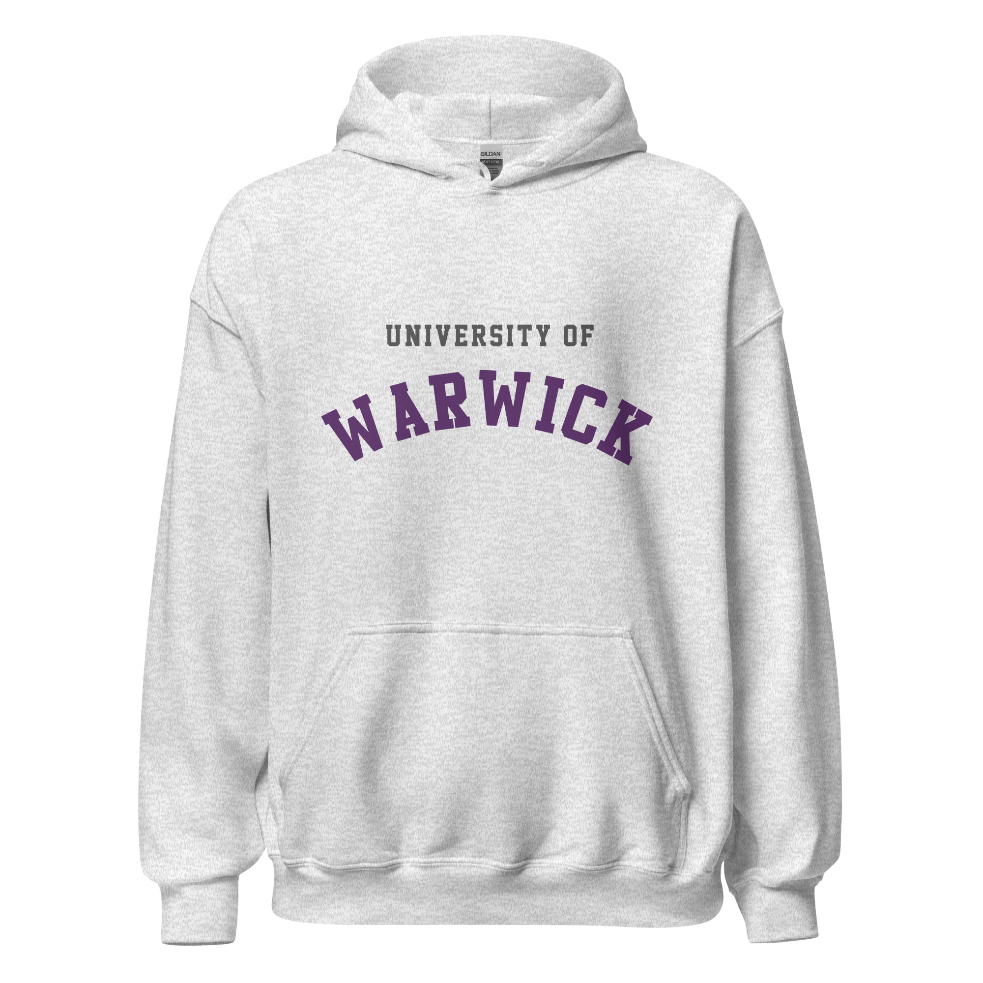 Unisex heather gray hoodie featuring University of Warwick logo printed across the front chest