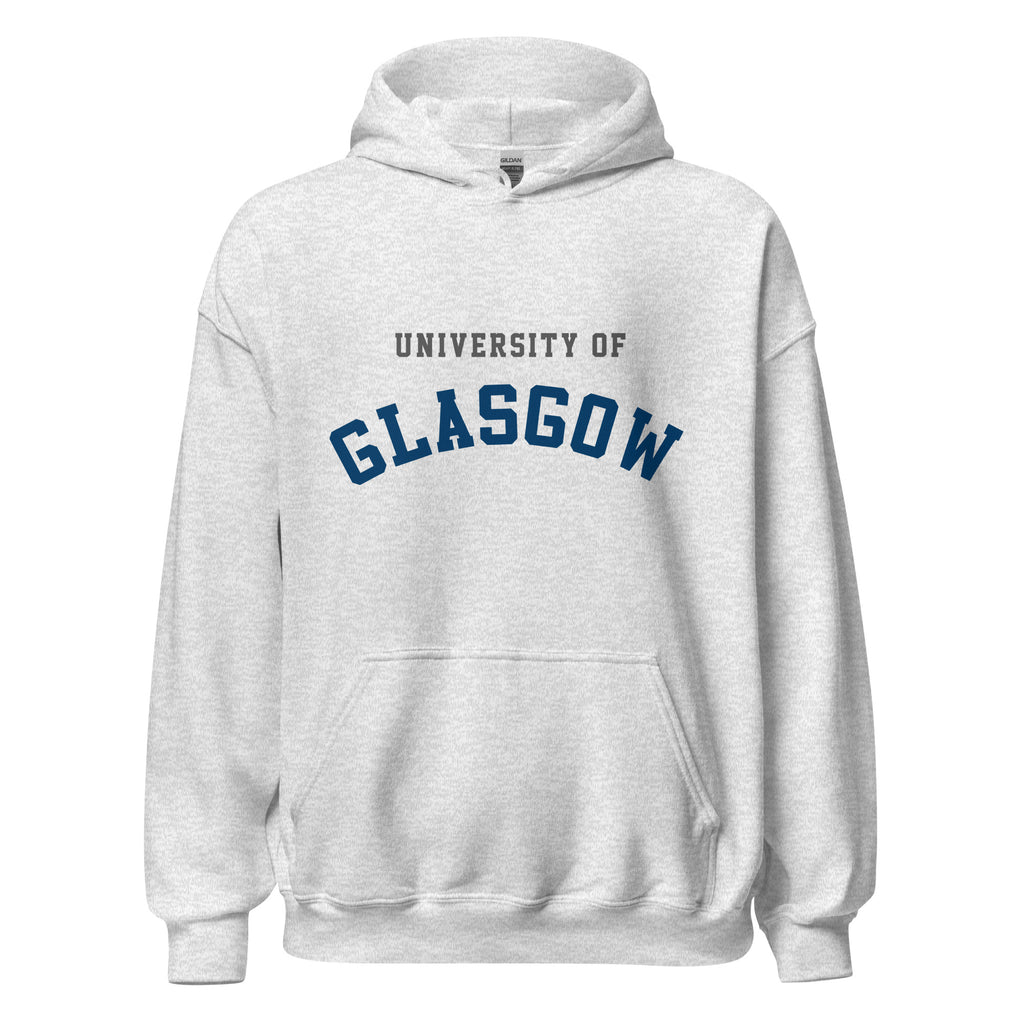 Unisex heather gray hoodie featuring University of Glasgow logo printed across the front chest