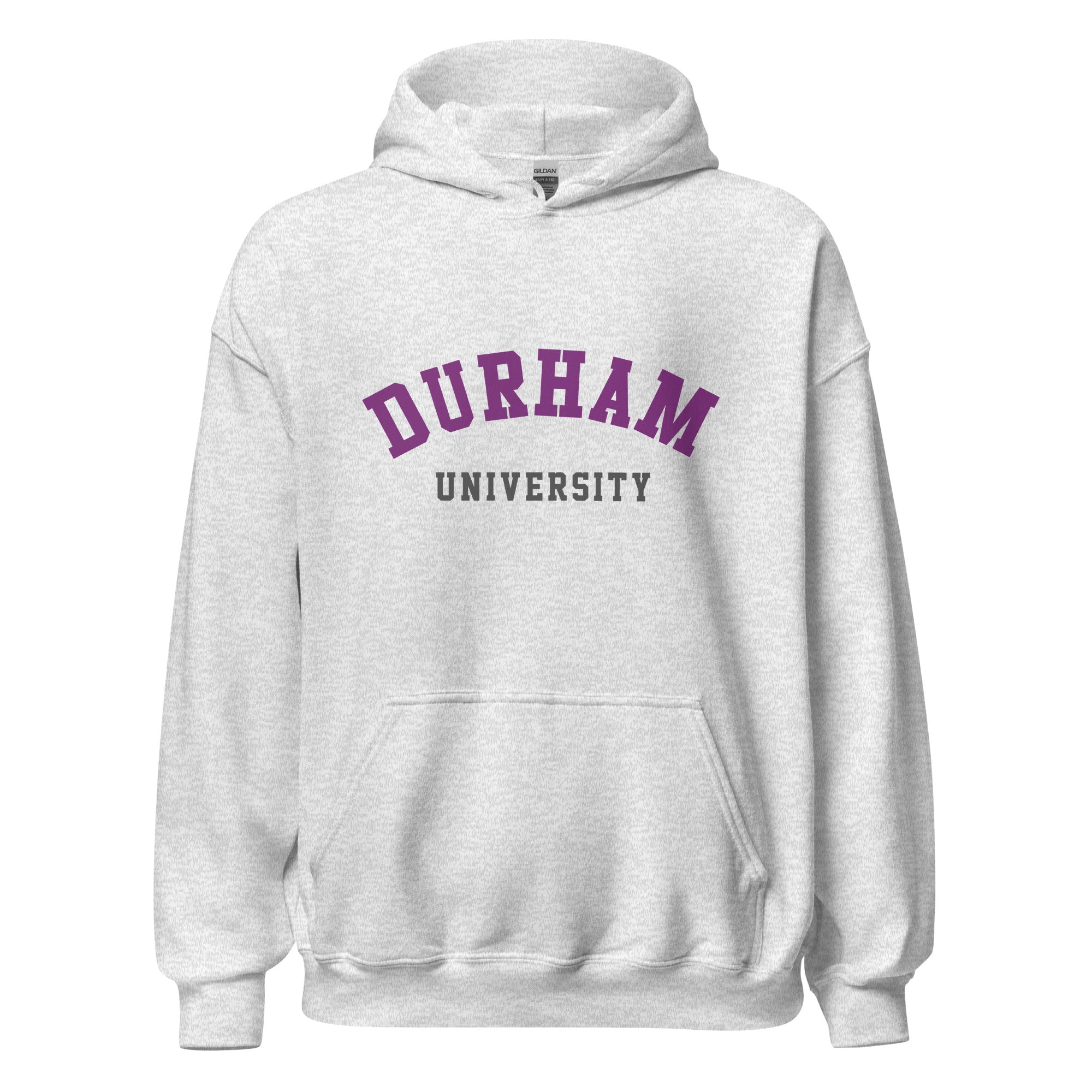 Unisex heather gray hoodie featuring Durham University logo printed across the front chest