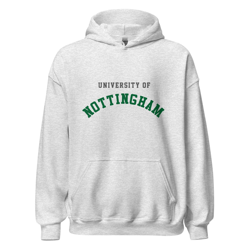 Unisex black hoodie featuring University of Nottingham logo printed across the front chest