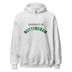 Unisex black hoodie featuring University of Nottingham logo printed across the front chest