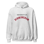 Unisex heather gray hoodie featuring University of Birmingham logo printed across the front chest