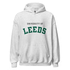 Unisex black hoodie featuring University of Leeds logo printed across the front chest