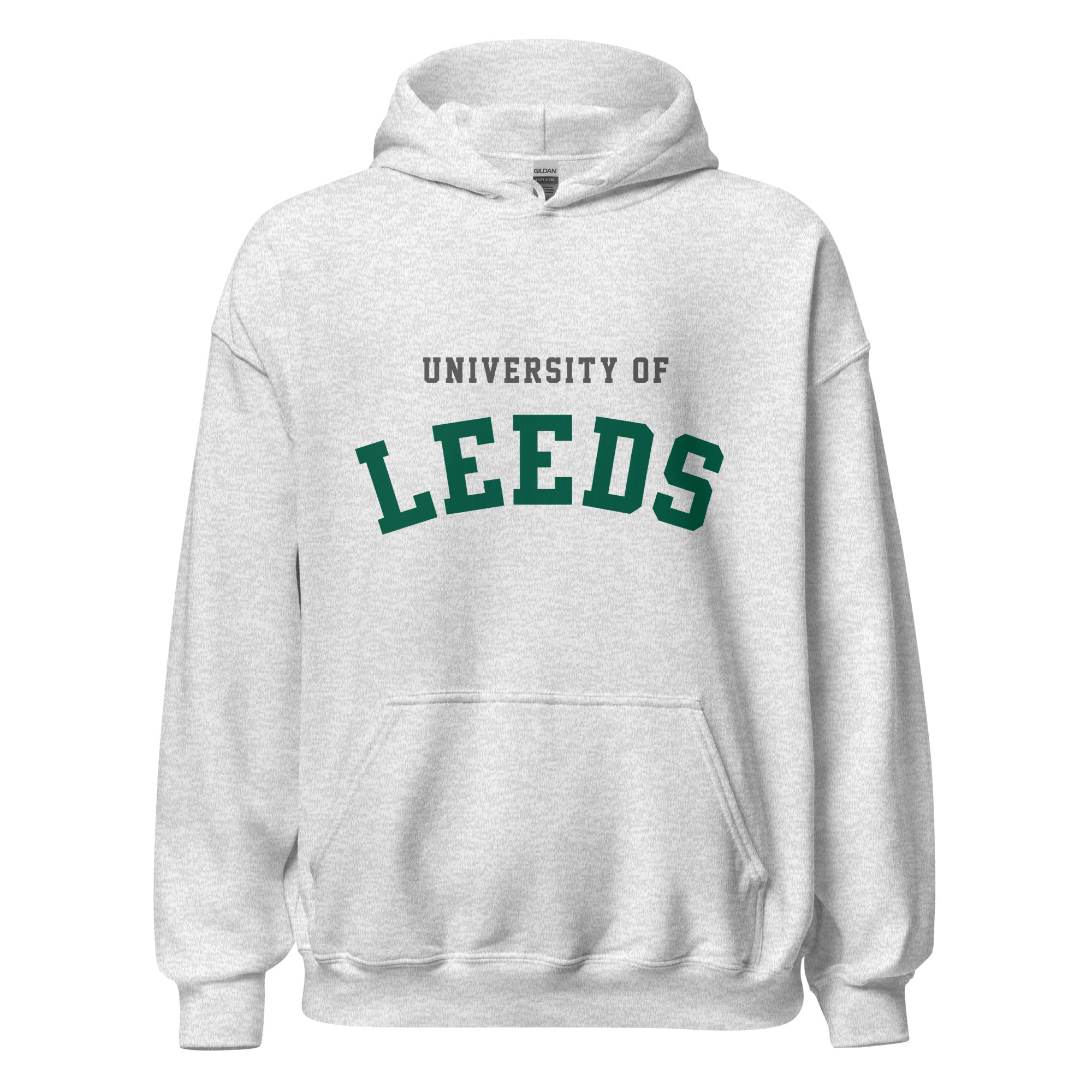 Unisex black hoodie featuring University of Leeds logo printed across the front chest