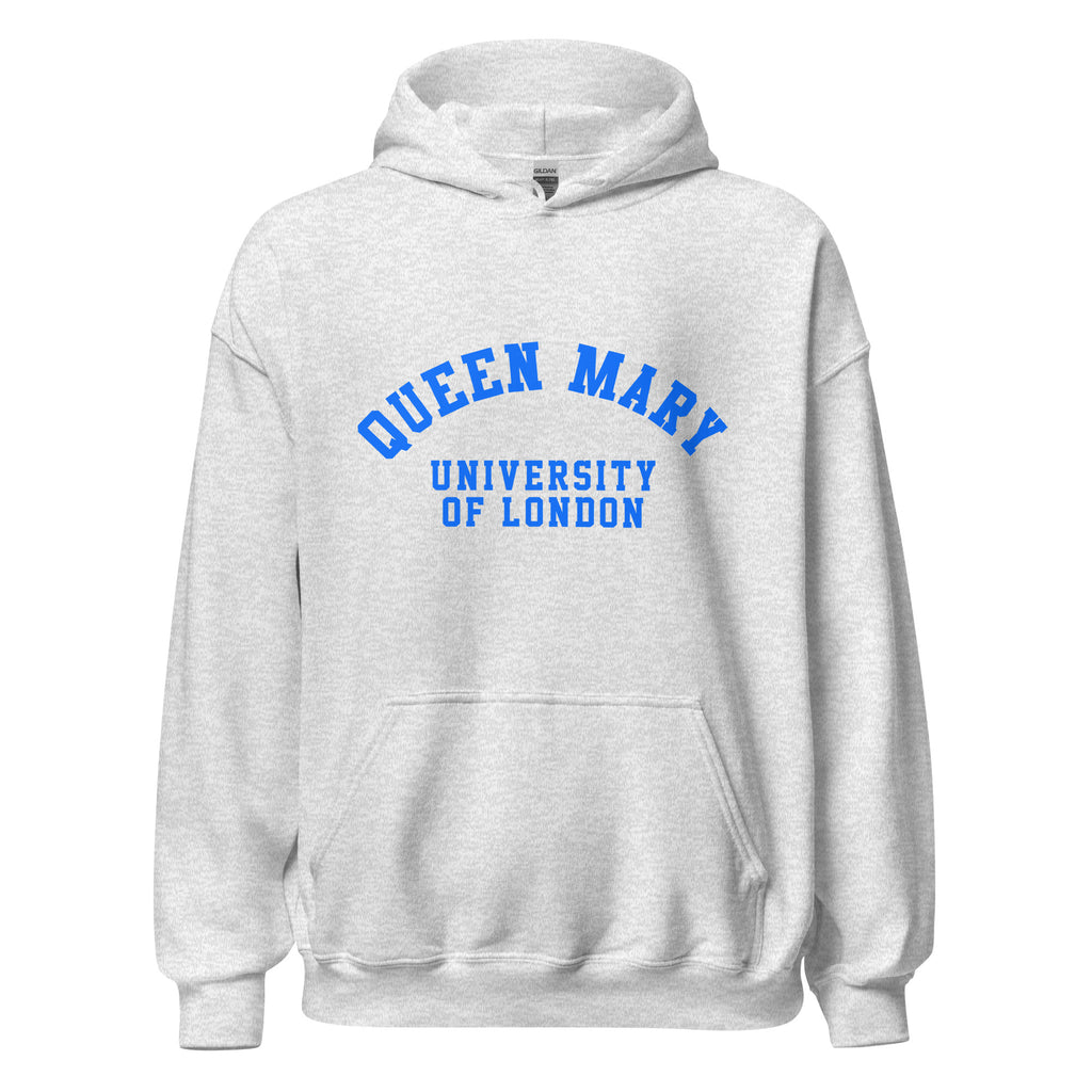 Unisex black hoodie featuring Queen Mary University of London logo printed across the front chest