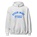 Unisex black hoodie featuring Queen Mary University of London logo printed across the front chest