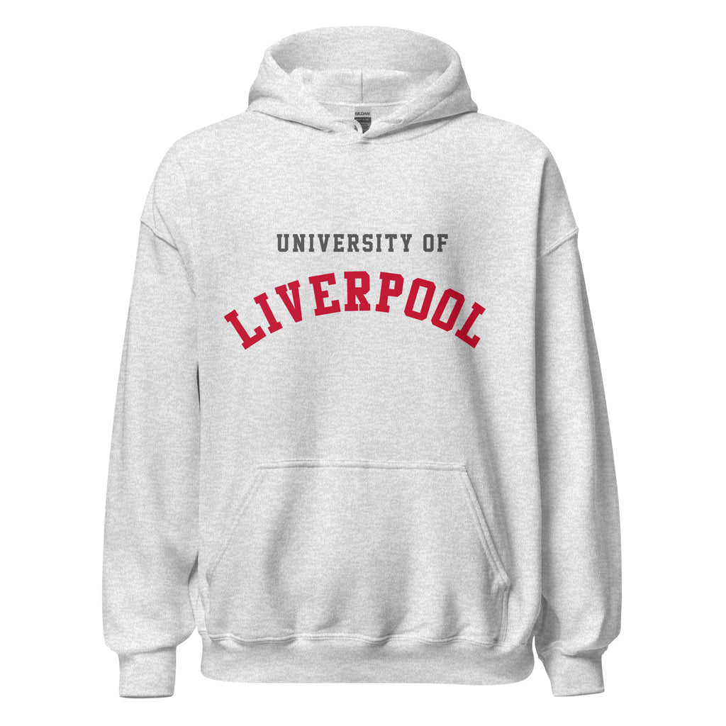 Unisex heather gray hoodie featuring University of Liverpool logo printed across the front chest
