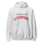 Unisex heather gray hoodie featuring University of Liverpool logo printed across the front chest