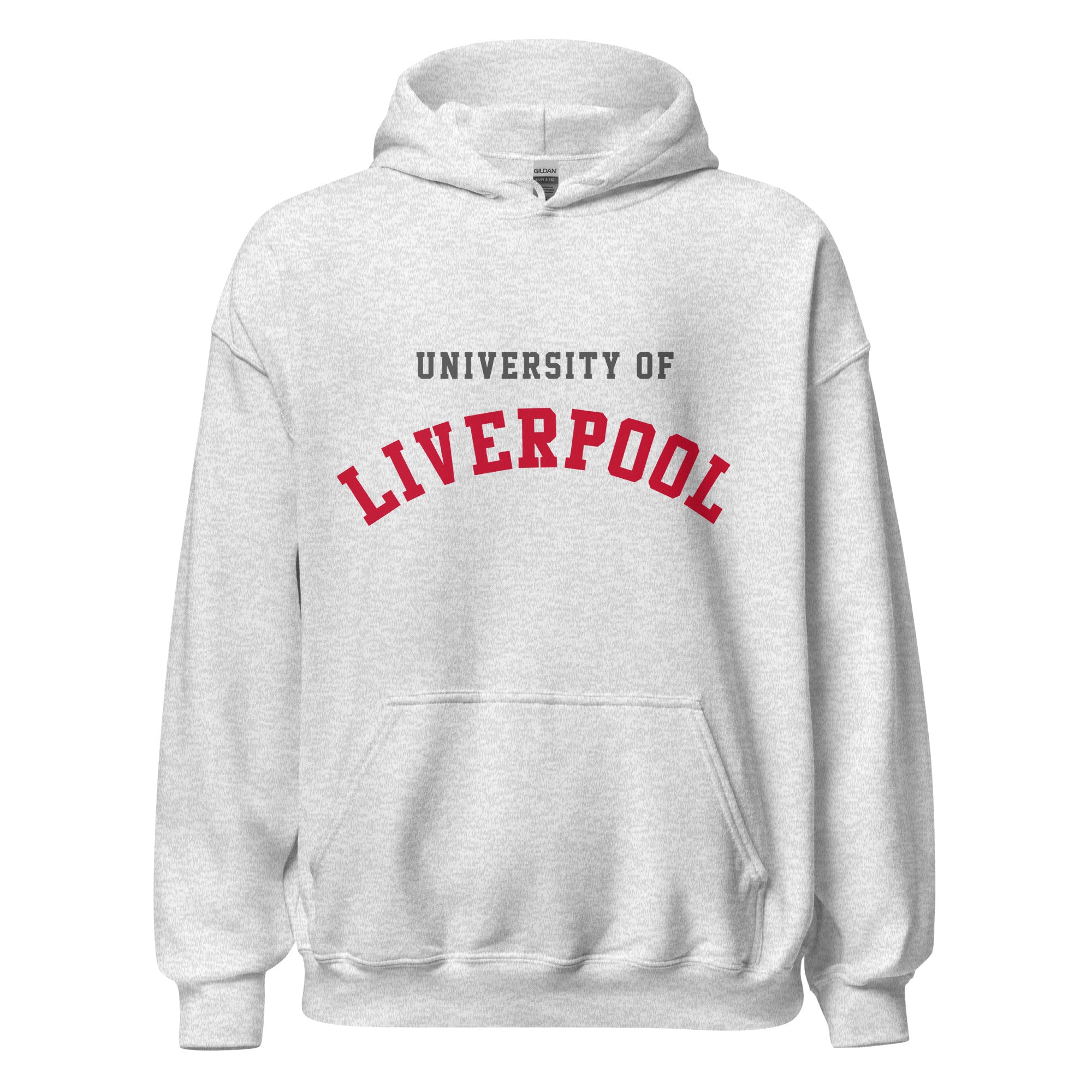 Unisex heather gray hoodie featuring University of Liverpool logo printed across the front chest