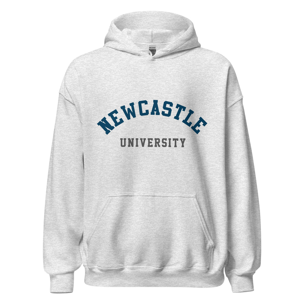 Unisex heather gray hoodie featuring Newcastle University logo printed across the front chest