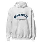 Unisex heather gray hoodie featuring Newcastle University logo printed across the front chest